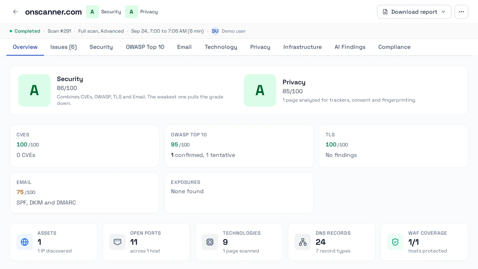 OnScanner scan overview: Security and Privacy grades, with scores for CVEs, OWASP Top 10, TLS, email and exposures